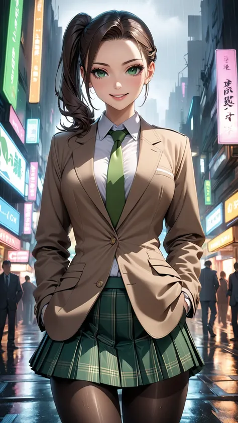 masterpiece, best quality, very aesthetic, semi-realistic anime, Sharp Focus, high contrast, 1girl, detailed green eyes, half opened mouth, smile, dark brown silky hair, (hair pulled back), side ponytail, contrapposto, Captivating thighs, uniform, brown bl...