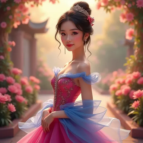 

facing the camera,  waist photo , look at the camera, Asian princess ,  show graceful beauty in fuchsia dress and blue tulle ,  yellow lights shining in the flower garden ,  cinematic lighting ,  Soft shadow ,  face detail ,  colorful , Fantasy style ,  ...