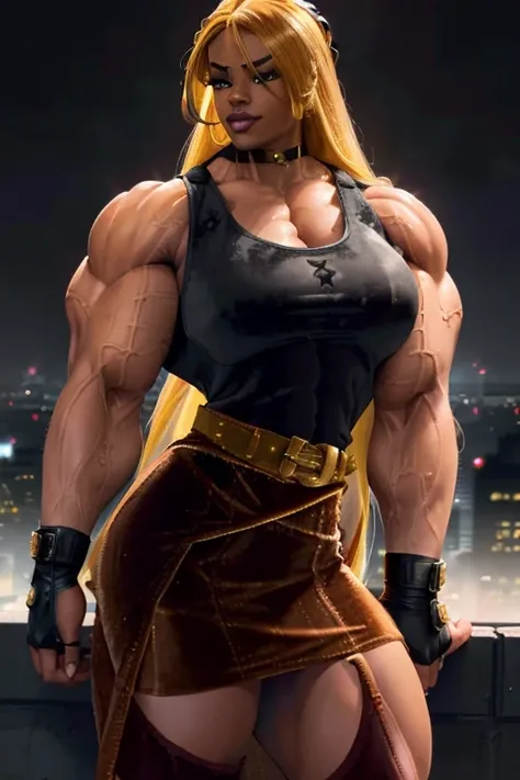 ((Close-up)), tall, (yellow hair) beautiful muscular latino woman, long hair, brown skinned, closed smile, (black lipstick), (massive muscles), (hyper muscle), ((ginormous bulky muscles)), gray eyes, (((((velvet tank top))))), (((((velvet skirt with belt))...