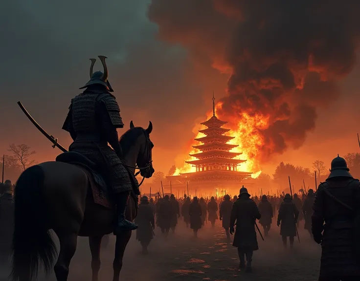 Japan Musha、Large groups of samurai surround the burning temple in the middle of the night、Mounted Warrior、General