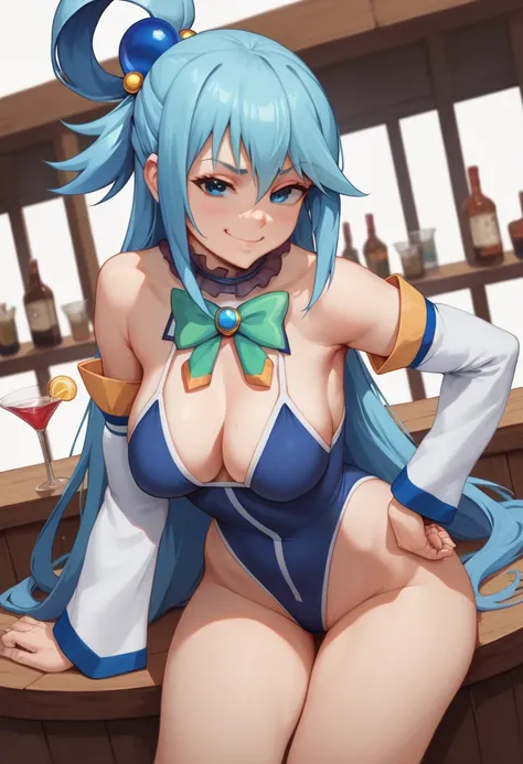 aqua (konosuba) 1girl, blue eyes, blue_hair, bow, medium breasts, , detached sleeves, eyebrows visible through hair, white background, hair between eyes , smug , hair rings, long hair, looking at viewer, medium breasts, bikini too small ,lowleg-pantie , sm...