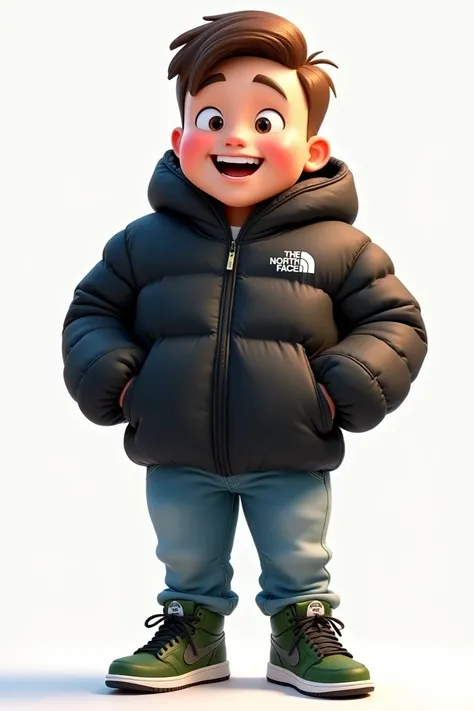  boy tall ,  muscular , chubby face ,  big cheeks ,  very smiling ,  short barely protruding brown hair ,  dressed in the black down jacket of this north face and light blue jeans and green jordans 