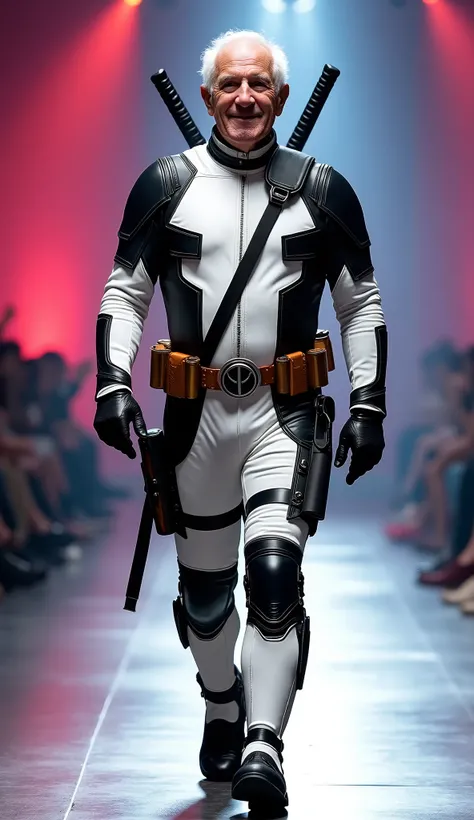  An old 70-year-old man with white hair, his face is smiling ,  wears a white Deadpool costume without a mask, The costume is white and black with accessories of the superhero Deadpool,  is walking on the stage of a fashion show with bright lighting. full ...