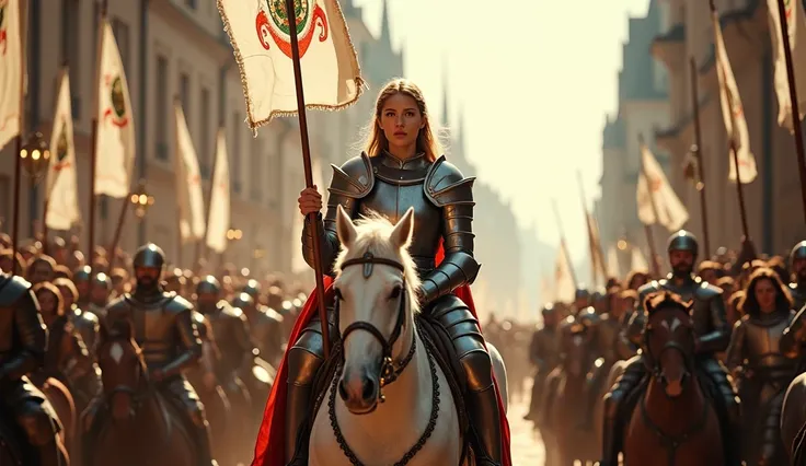  As Joan of Arc enters the city of Orléans ,  a wave of joy and adoration invades the streets . Crowds crowd ,  applauding and shouting in ecstasy ,  as if an angel sent by God were entering .  Joana rode with great elegance ,  wearing shiny white armor th...