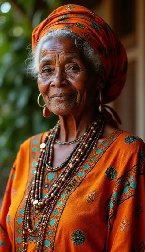 Very beautiful African grandmother aged 60 who is wearing an African outfit