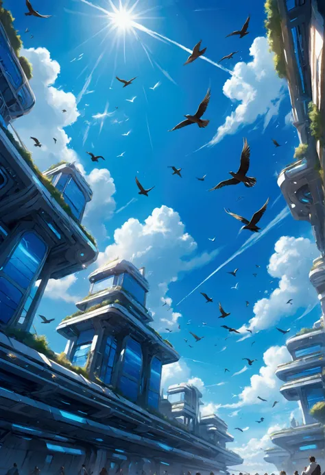 Bright blue sky and flying birds 