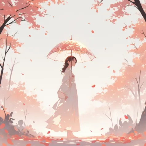 
1girl(holding umbrella(transparent,mass amount of petals decorate umbrella)), mass amount of petals filling in the air. petals cover ground. minimalism, simplism