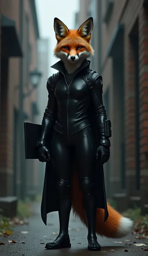 An agile fox standing like a human ,  dressed in black like a secret agent ,  holding a laptop and a silent weapon .  The scene takes place in a dark alley with an atmosphere of mystery