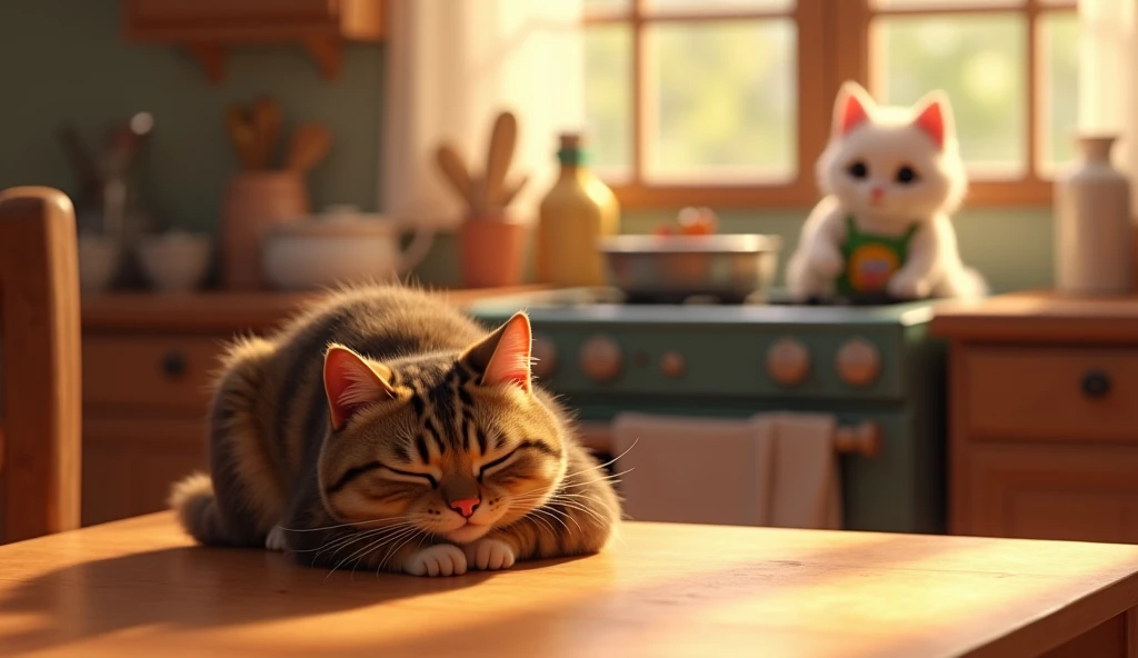 Disney Pixar style. In a cozy kitchen.
An Cat sits at an empty table, resting his head on his paw, as if supporting his head. Waiting for breakfast.
In the background, a white cat in an apron is preparing breakfast at the stove.
The background is a little ...