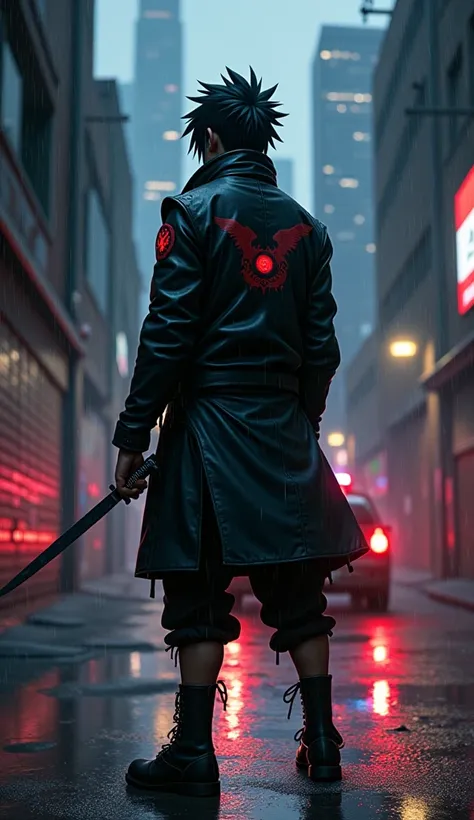 
"An ultra-realistic, urban scene of Sasuke Uchiha reimagined as a criminal. Hes standing in a dark alley, surrounded by neon lights and graffiti-covered walls, a cityscape in the background. Sasuke wears a black leather jacket, torn at the sleeves, with t...