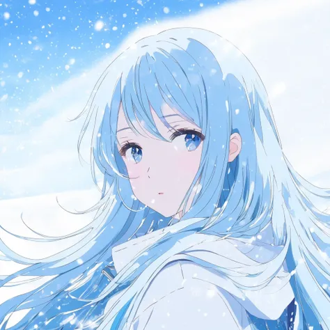 [ girl、 light blue hair、 long hair、Sparkling Hair]， blue and white background , (真っwhite風景), (white), (snow), ❄️, winter,