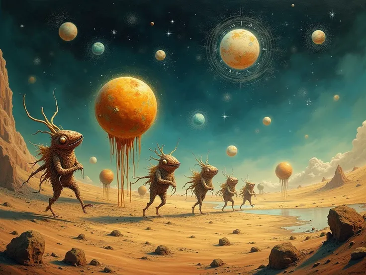 Salvador Dalí Style ( surrealism):  Planets melting as Hybrids walk on an infinite horizon, stars spinning like clocks .