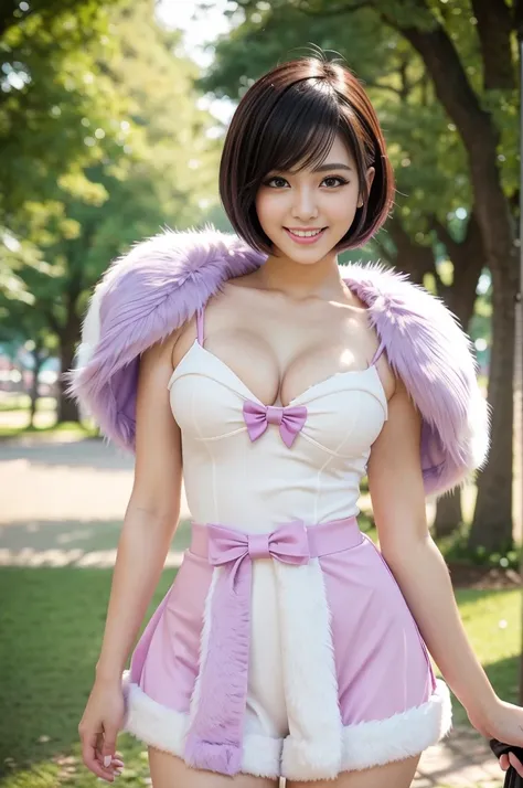 ultra sexy female, (-anime), only 1 female, very short hair, beautiful smile, lip-gloss, long lashes, defined eyebrows, magical girl cosplay, fluffy fur vivid colors outfit, cosplay accessoires, look at the camera, cinematic light, large park background wi...