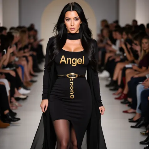 (beautiful (Kim Kardashian) with glossy black hair, huge naturak breasts flaunts curves in (skin-tight full body (Arabic abaya (see-through spandex) curtain dress with the words "Angel" in gold letters) and ((black pantyhose)) with long lace scarf as cloak...