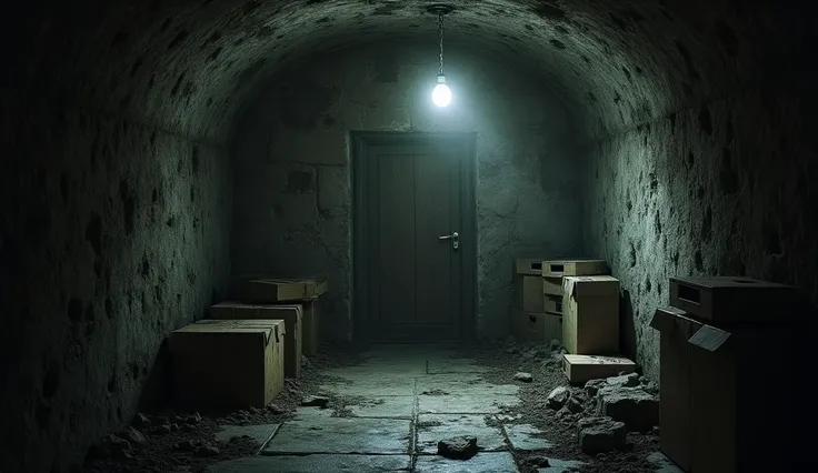  A dark and dreary basement of an old house ,  with stone walls covered in deep scratch marks . In the background, a small worn wooden door ,  barely visible behind old boxes and dust . The atmosphere is oppressive,  with dim lighting coming from a hanging...