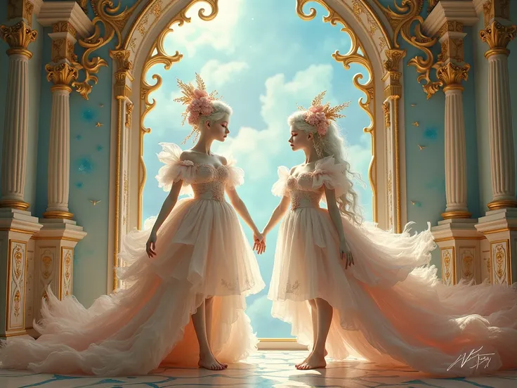 Rococo art: An ornate view with Hybrids in elegant ,  poses surrounded by pastel-colored nebulas and gold details.