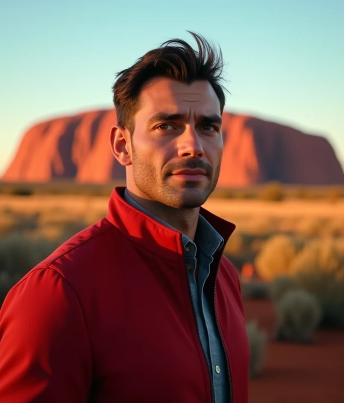 Realistic, man 45 years short cut dark brown hair strong and perfect body, charming face , wearing shirt and red  jacket standing in front of red Ayers rock Australia, kangaroo, bright red-blue sky morning, sunrise, red  atmosphere 