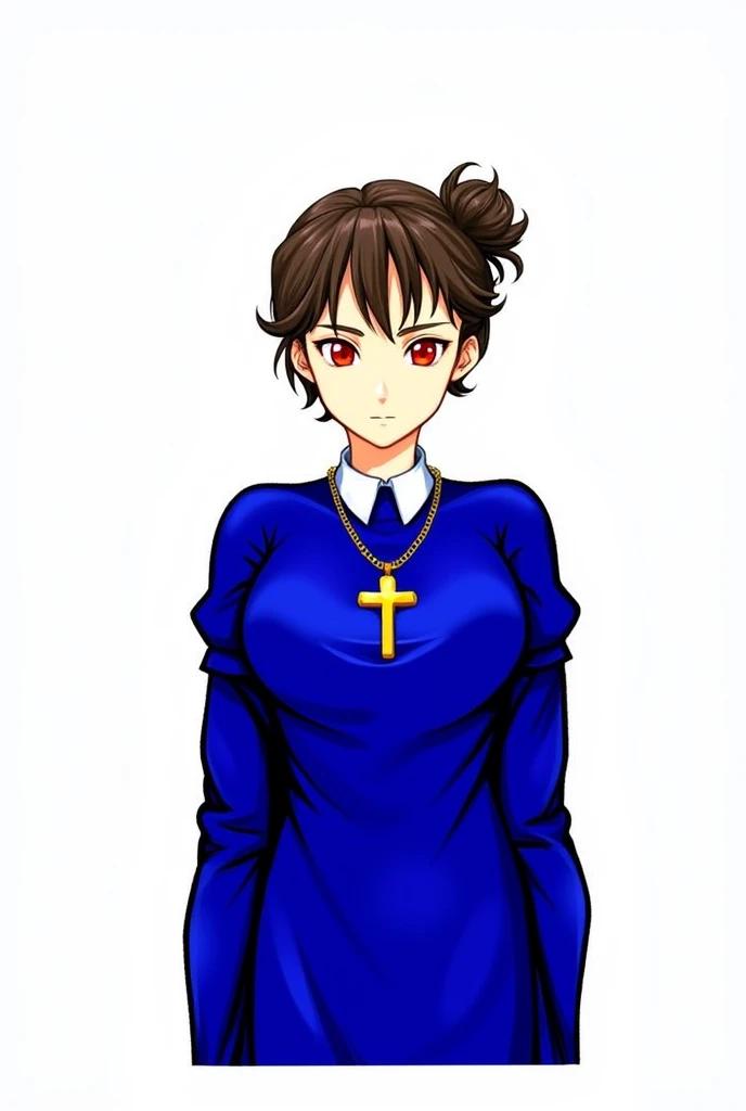  girl ,  brown curly hair,  bright red eyes , blue dress, white collar ,  gold cross on the neck , anime style danganronpa 