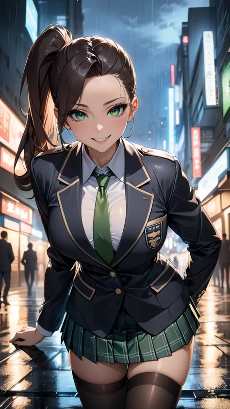  masterpiece, best quality, very aesthetic, high detailed anime, Sharp Focus, high contrast, 1lady, detailed green eyes, half opened mouth, smile, dark brown silky hair, (hair pulled back), side ponytail, contrapposto, Captivating thighs, uniform, blazers,...