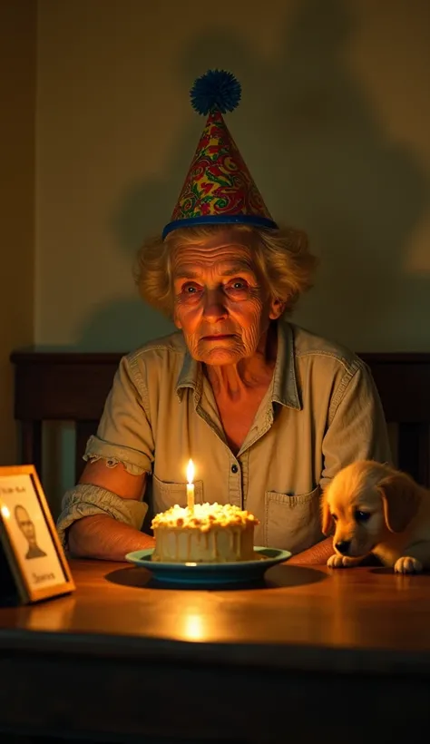 Ultra-realistic photographic style. An old woman is sitting at an old wooden table, illuminated by a faint yellow light coming from a solitary candle on the table. She is wearing a colorful party hat with a pom-pom on top, which adds a vivid contrast to th...