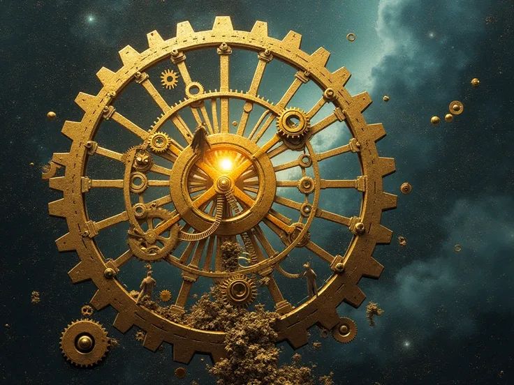 An artistic depiction of determinism, illustrating the interplay between fate and choice. The scene shows a complex clockwork mechanism blending with human silhouettes, symbolizing the inevitability of cause and effect. Each gear represents a decision or e...