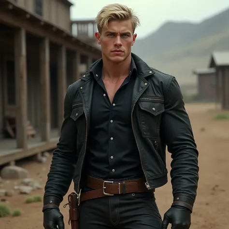  high resolution , blond hair,  Blue Eyes, ATHLETIC BODY,man 18 years old,Old West style black clothes
