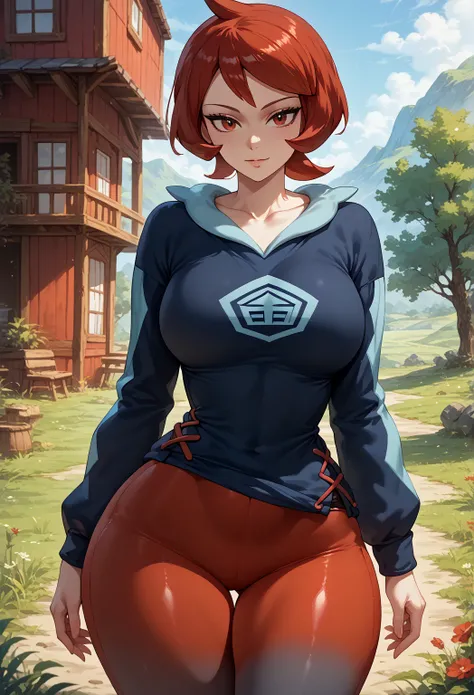 Perfect CG unity 8K UHD wallpaper, Perfect CG unity 8K UHD wallpaper, 1girl, solo, pokemonarezu, red hair, cowlick, short hair, red eyes, large breasts, wide hips, thick thighs, large thighs, collarbone, diamond clan outfit, sweater, long sleeves, red pant...