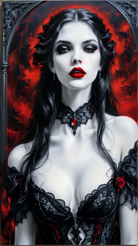 oil painting on canvas. In the midst of a fantasy realm, a mysterious (female (vampire)). red lips. lacy gothic aesthetic. seductive. black and white