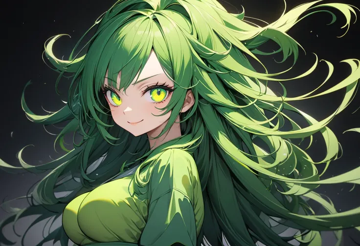 (beautiful and delicate) (Spectacular views illustration), (in a full fury:2 style body), solo, (beautiful skin), hair flaps, bob, vivid green medium long hair, best immensely cute Woman, age 312, (best cute Odd Eye, right eye is yellow, left eye is green)...