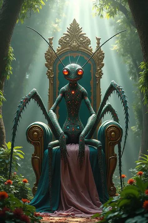 big mantis made of jewels sits on a king seat in a jungle