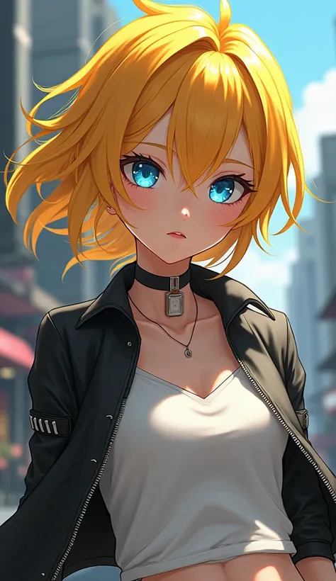 I want an anime character with yellow hair with blue eyes with a biker blouse 