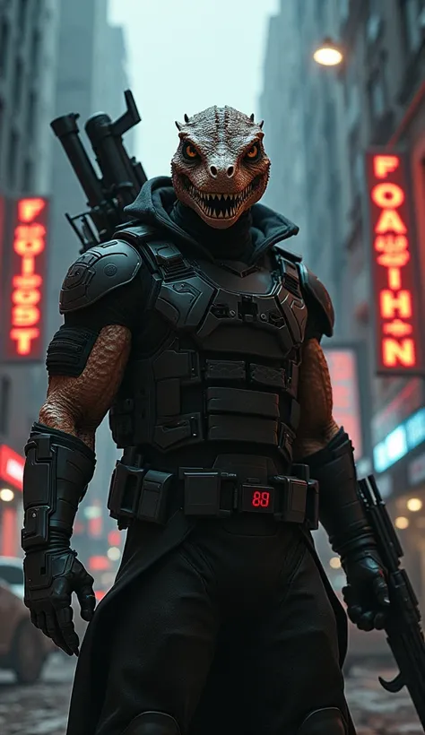 Deadshot DC with the face of an armed and violent Komodo in the city 