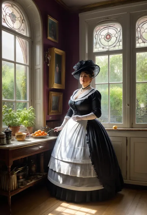  Full body shot  of A voluptuous buxom mature Victorian widow standing in front of a window in her kitchen, by Jean Béraud, inspired by Jean Béraud, inspired by Édouard Detaille, edouard leon cortes, inspired by Ivan Kramskoi, inspired by Jean-Louis-Ernest...