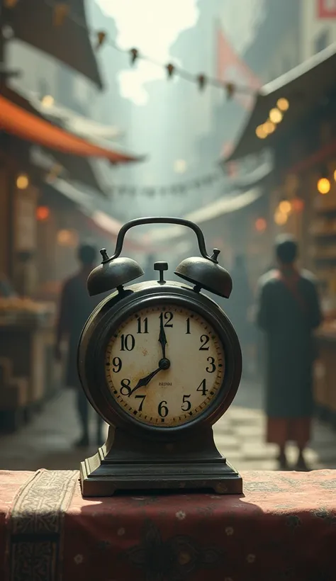 At the table in a blurry market, an old clock without hands.