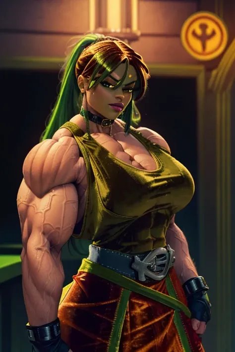 ((Close-up)), tall, (green hair) beautiful muscular woman, long curvy hair, brown skinned, closed smile, (black lipstick), (massive muscles), (hyper muscle), ((ginormous bulky muscles)), orange eyes, (((((velvet tank top))))), (((((velvet skirt with belt))...