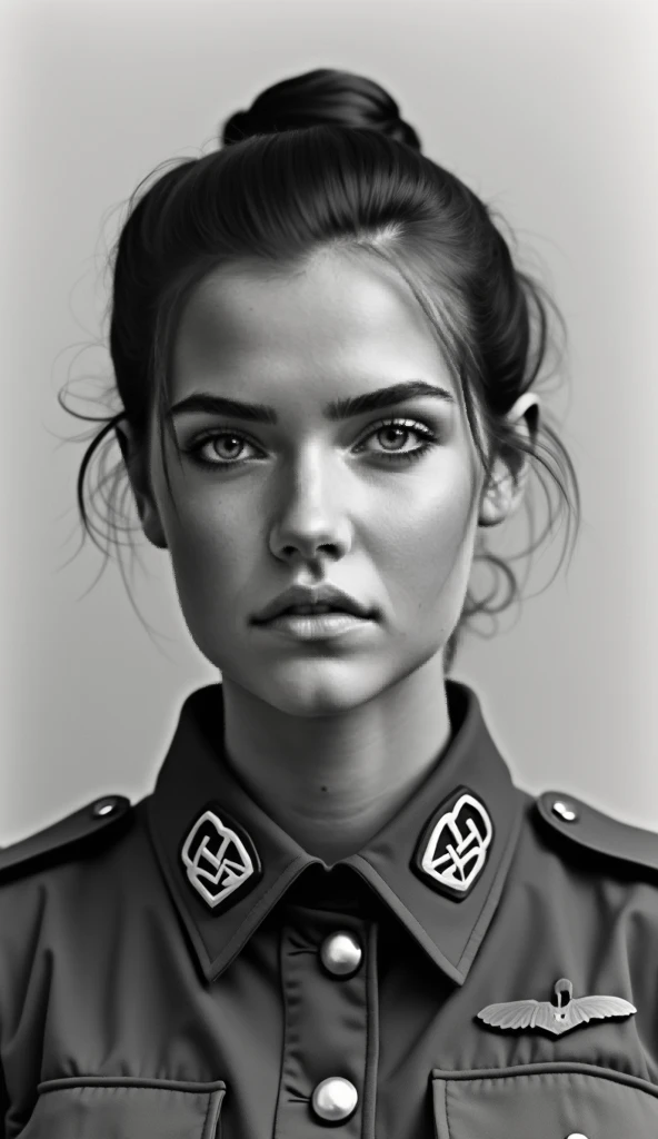 A stark, black-and-white identification photo of a young woman in her early 20s, taken for an official Soviet document. She wears a crisp NKVD uniform, complete with a high-collared jacket and insignias denoting her rank as a captain. Her hair is pulled ba...