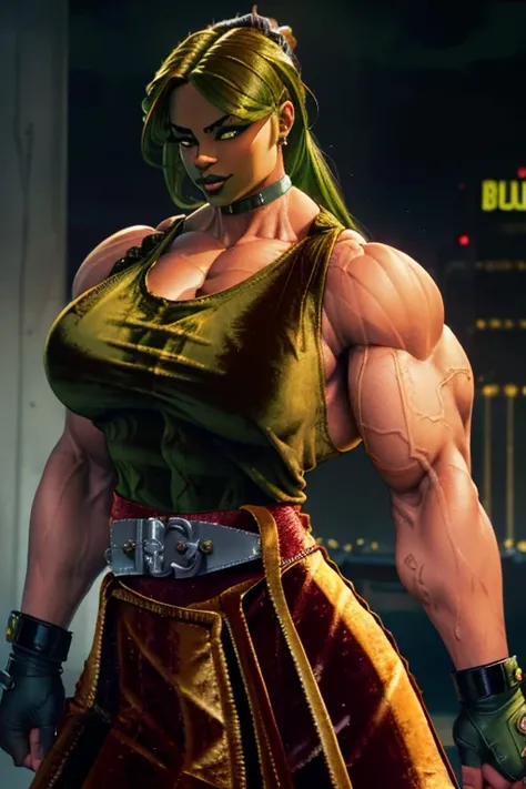 ((Close-up)), tall, (green hair) beautiful muscular woman, long curvy hair, brown skinned, closed smile, (black lipstick), (massive muscles), (hyper muscle), ((ginormous bulky muscles)), orange eyes, (((((velvet tank top))))), (((((velvet skirt with belt))...