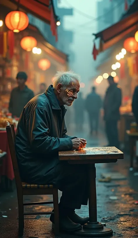 At the table in a blurry market, An old man with only numbers.