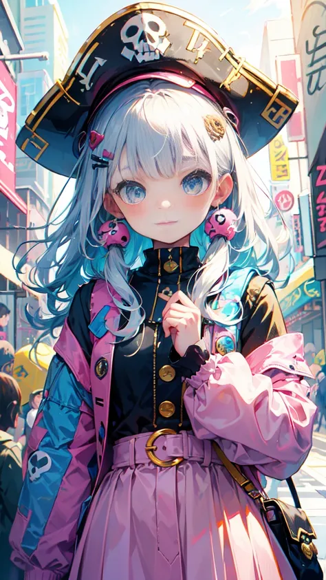 akira toriyama style、"cute, beautiful, Adorable girl wearing pink clothes, yellow, and baby blue color scheme. She is wearing a costume with a SKULL motif inspired by a female pirate.。.。.。.。.。.。.... Fashionable hats, rock、Comes with decorative accessories ...