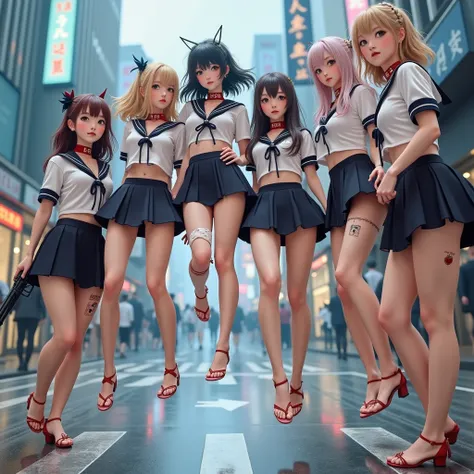 Leggy Pose. Live-Action, Real, (((12 Tiny BISHOUJO in rows
, Shibuya Hachiko-mae on Halloween))), ((masterpiece: best quality, photorealistic:1.37)), { (Standing Full Body:1.2)|(from below:1.2) }, { bandaged full body | Cut-off Sailor Uniform }, { bandaged...