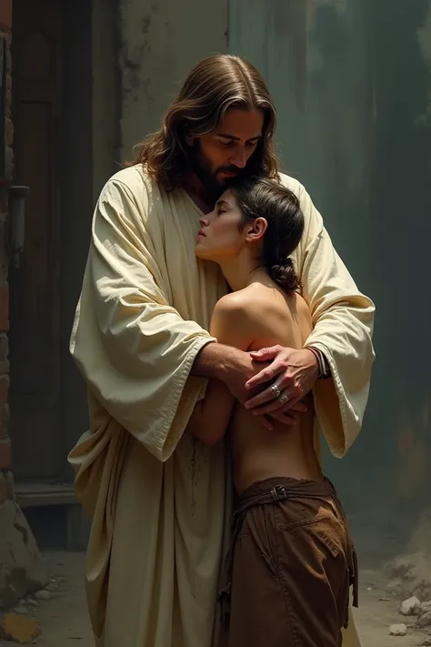 Jesus embracing a young drug addict 