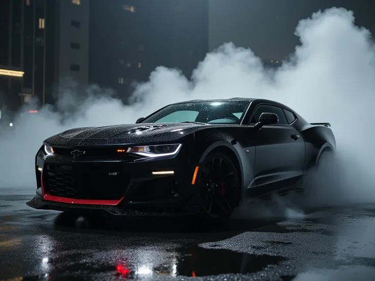  A black camaro with red details with mists covering its left and right sides. With the background of buildings in the rain 