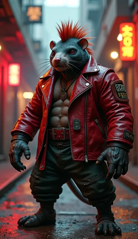 A hyper-realistic image of an anthropomorphic mole hybrid street fighter, embodying the gritty "Red Punk" aesthetic. The mole’s stocky, muscular build is wrapped in a torn crimson leather jacket adorned with rivets and patches. Thick, clawed hands glint un...