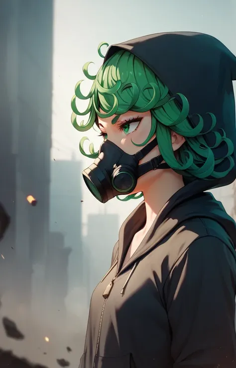 tatsumaki, black hoodie, hood, gas mask, apocalyptic background