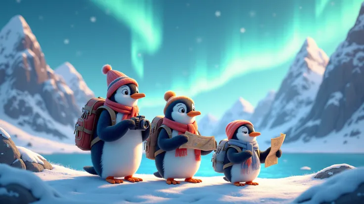 A 3D penguin family dressed in winter travel gear, standing near a frozen lake, holding cameras and travel maps, with snow-covered mountains in the background and an aurora lighting up the sky