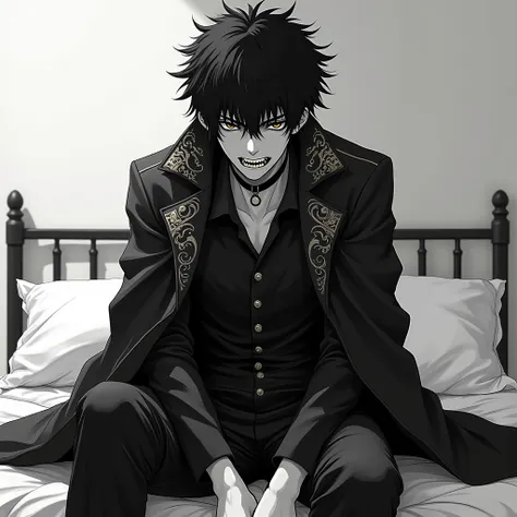 monochrome, tight hair ,large fringe that covers the eyes ,sharp teeth,casaco monochrome com detalhes de gravura,Tall Boy,anime art,anime version,sitting on the bed