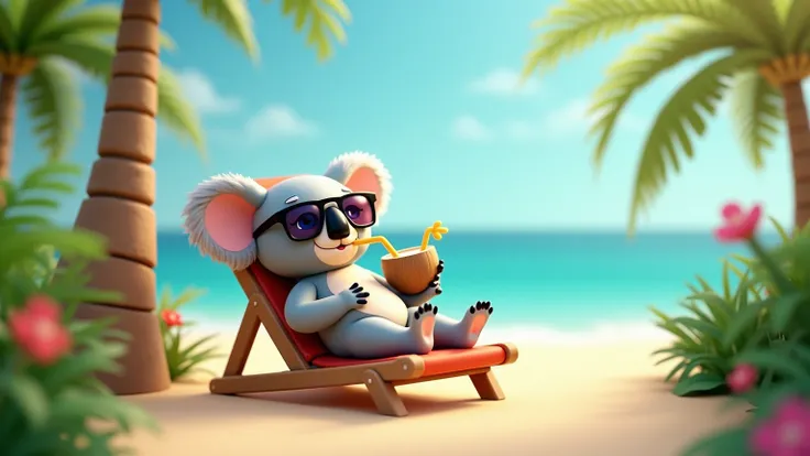 A 3D cartoon koala in a tropical resort, lounging on a beach chair with sunglasses, sipping a coconut drink, surrounded by palm trees and a turquoise sea, under a clear blue sky.