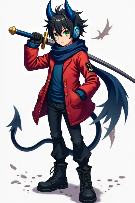 Half-demon  boy wears a red jacket, blue shirt, black pants and boots, dark blue scarf and blue headphones, and has green eyes and black hair, also dark blue demon horns and demons black demon tail with his blue sword