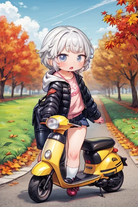 cute girl，   anime girl  ，Ride a small scooter， Its high definition  ，autumn、autumn leaves，  down jacket ，  Details, 32K，