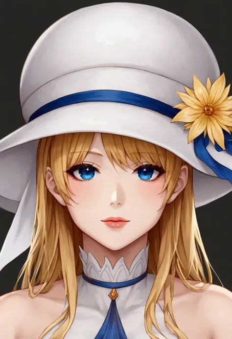  of a beautiful anime woman with a busty figure , white fantasy dress,  golden hair, hat on the head , Big blue eyes